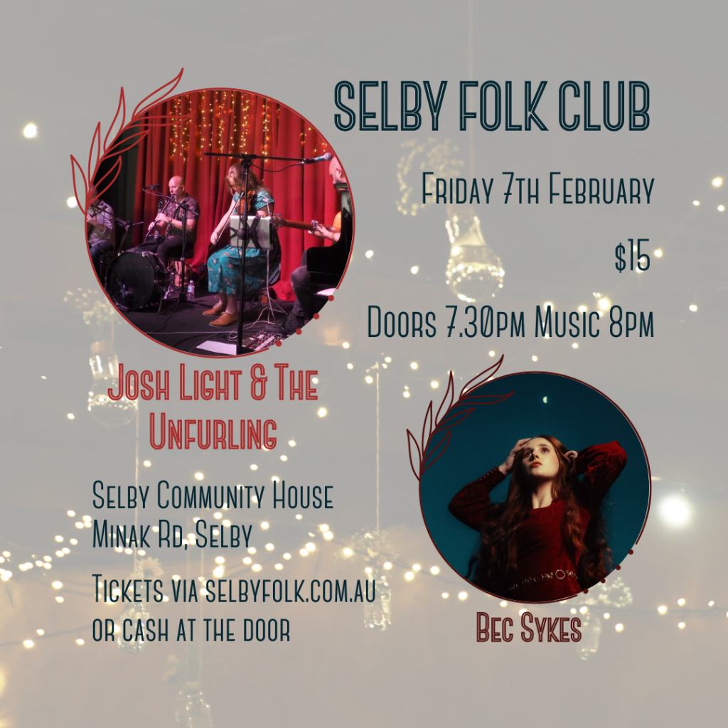 Tile showing event details, inc small photos of Josh Light & The Unfurling and Bec Sykes.